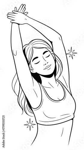 Woman stretching arms up, eyes closed, feeling relaxed, morning routine and wellness Vector