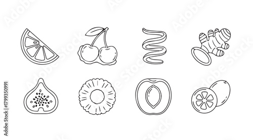 Collection of hand drawn fruit silhouettes for healthy smoothies and juices