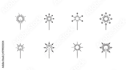 Collection of eight stylized snowflake and sparkler silhouettes on a white background