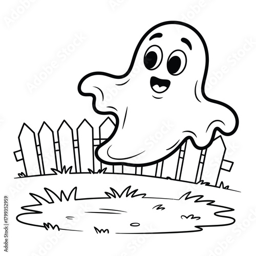 Friendly cartoon ghost flying over a picket fence with grass, line art Vector