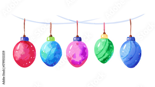 A set of five watercolor christmas ornaments hanging on a string isolated on festive holiday decorations for christmas tree hand drawn illustration