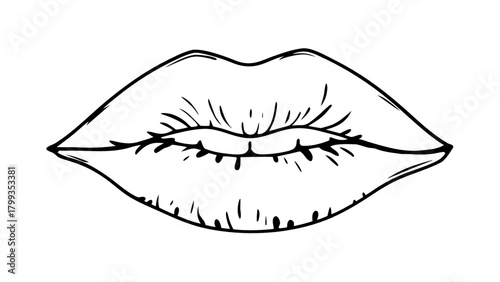Illustration of a pair of lips, drawn in black and white, with a simple and clean design, isolated on perfect for beauty and fashion themes