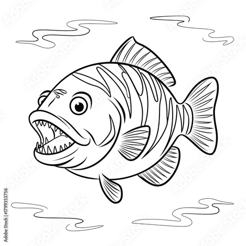 Aggressive predatory fish line art drawing for coloring book page design Vector