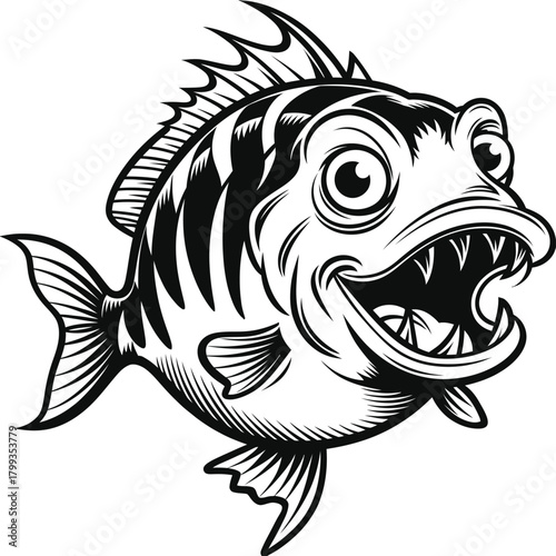Aggressive cartoon predatory fish illustration with sharp teeth, open mouth, dynamic pose on white Vector