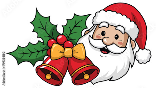 Cartoon santa claus head with festive bells and holly for christmas design Vector