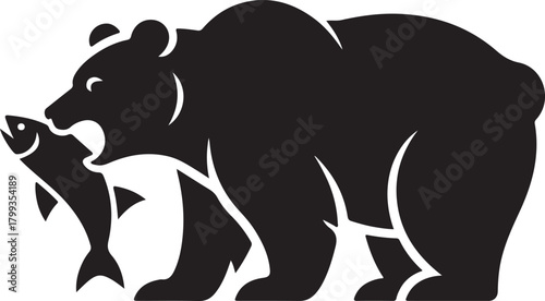 Black silhouette of a bear catching a fish in water