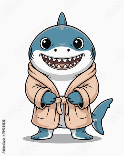 A cute cartoon baby shark character smiling cheerfully in a cozy bathrobe. Vector