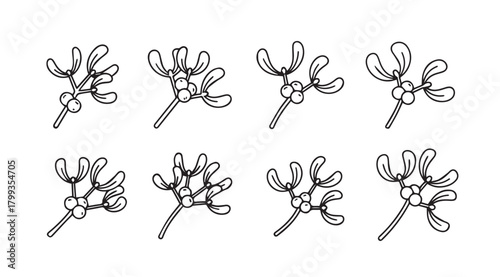 Set of eight stylized mistletoe sprigs in a simple black silhouette style