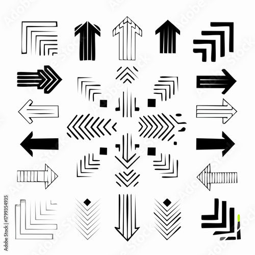 Collection of Modern Vector Arrow Icons and Geometric Design Elements, Featuring Diverse Directional Symbols and Dynamic Movement Indicators for UI/UX and Graphic Projects