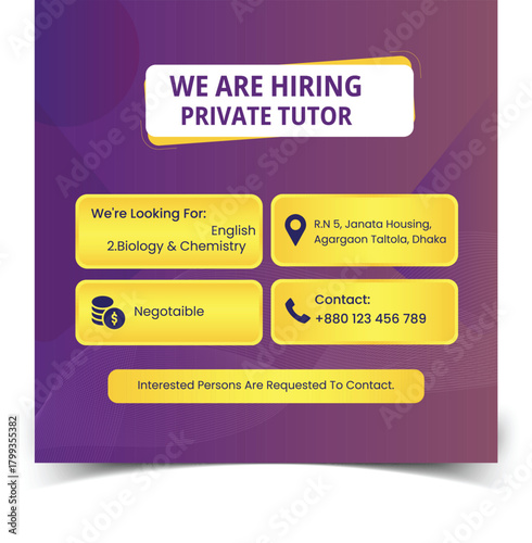 Seeking a skilled private tutor for English, Biology & Chemistry at Agargaon Taltola, Dhaka. Salary negotiable. Interested and qualified tutors are requested to contact