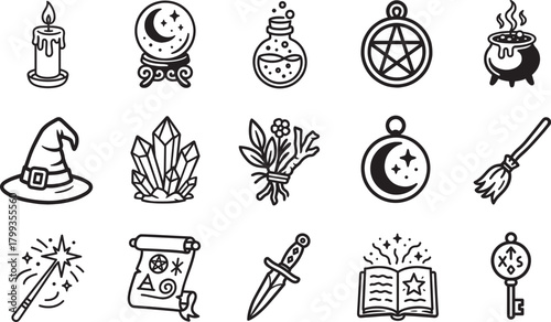 A collection of mystical symbols and tools, arranged in a visually striking array, ready for spell-casting, rituals, and enchanting adventures.