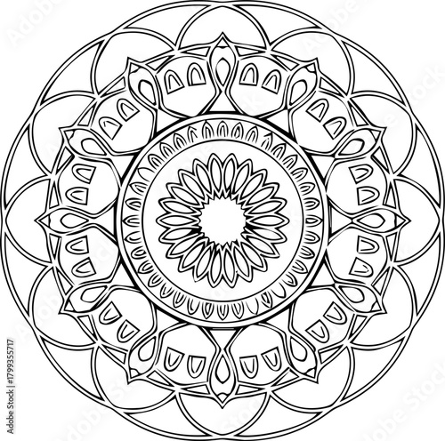 Intricate mandala design element for coloring books and creative projects, a calming artistic symbol for mindfulness and stress relief, originally a scalable vector