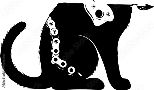 Whimsical black cat silhouette fused with industrial bicycle chain creates a unique artistic fusion perfect for creative projects and bold branding