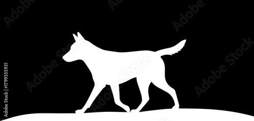 Elegant white dog silhouette strides gracefully across a minimalist landscape, conveying motion and purity.