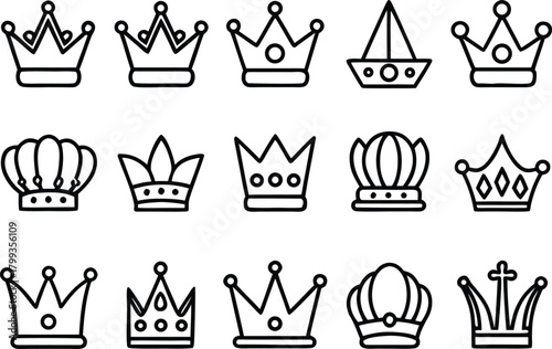 Collection of crown icons in a line art style for royalty and leadership