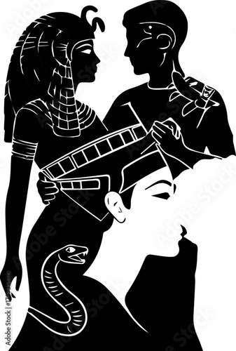 Ancient Egyptian figures with regal headdresses and hieroglyphic details evoking history and powerful royalty