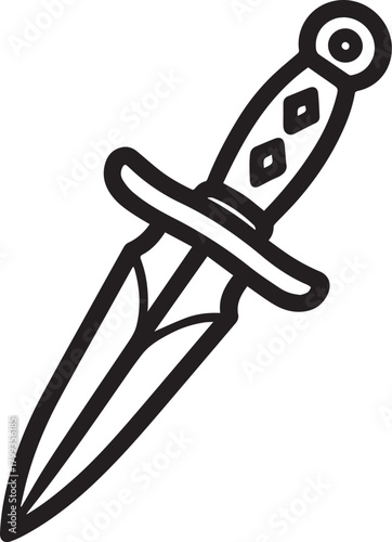 An exquisitely crafted dagger with a sharp blade, the weapon of choice. This image is a black and white graphic.