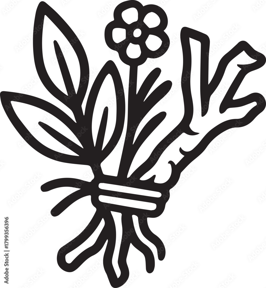 Obraz premium A meticulously illustrated bundle of leaves, flower, and a branch tied together with a ribbon or band.
