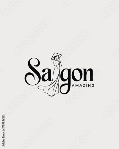Saigon amazing logo with traditional vietnamese woman in ao dai and nón lá Vector