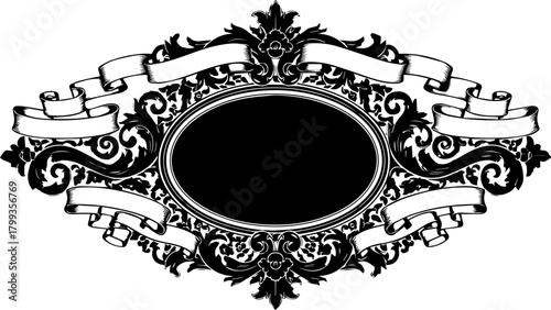 Elegant ornate black and white emblem with swirling decorative elements and multiple empty banners ready for custom text and branding