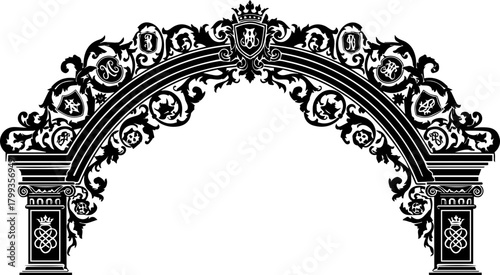 Elegant ornate archway with intricate scrollwork and heraldic crest, symbolizing heritage and grand entrances, perfect for luxury branding and historical themes.