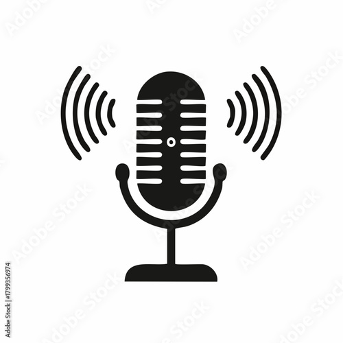 Classic studio microphone icon with radiating sound waves, isolated on a white background. Abstract vector graphic for podcast, broadcast, and audio recording
