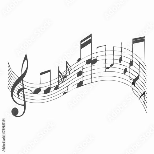 A flowing musical staff adorned with various notes, creating a dynamic visual representation of a melody