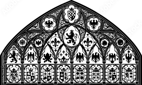 Intricate Gothic architectural tracery featuring heraldic crests and stylized emblems, evoking historical grandeur and noble lineage for premium design projects.
