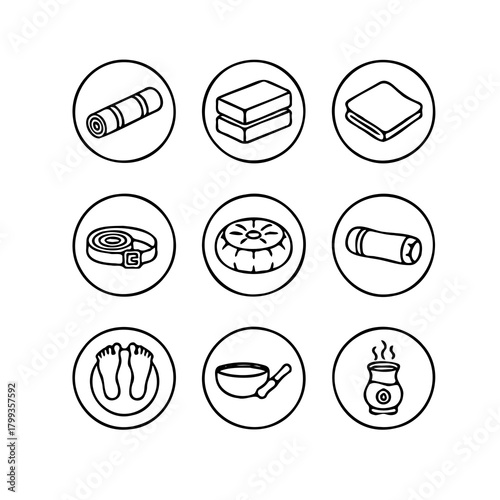 Set of nine minimalist line icons for yoga, meditation, and wellness, featuring mats, blocks, straps, cushions, singing bowls, and aromatherapy.