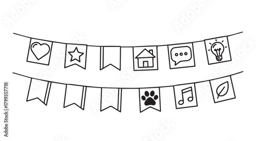Hand drawn doodle bunting flags with icons celebrating life and ideas silhouette
