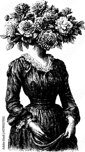 A woman's head is composed of blooming flowers in a vintage dress, depicted in black and white engraved style. Surreal botanical vector illustration.