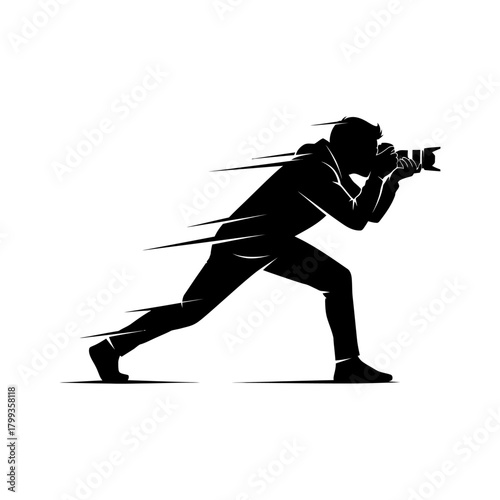 A dynamic black silhouette of a photographer in motion, capturing an action shot with a camera, depicted with speed lines on a white background.