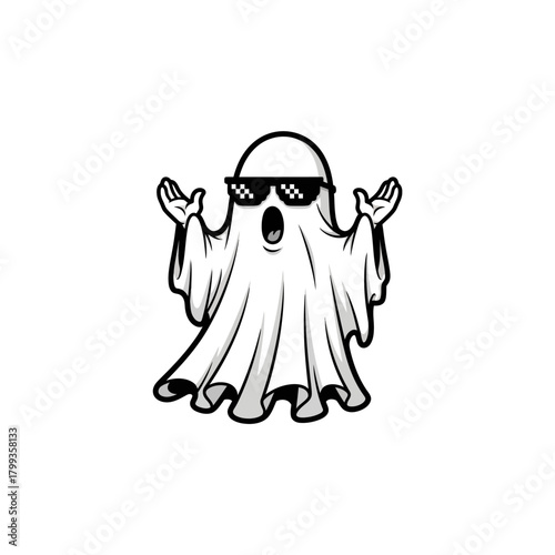 A cool cartoon ghost character wearing sunglasses and shrugging its shoulders in a black and white illustration.