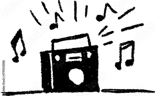 Radio icon in a simple, hand-drawn style. Black and white vector illustration featuring sound waves and music notes set for visual clarity.