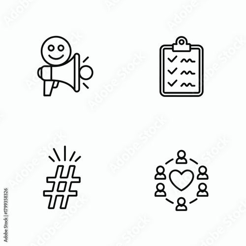 Effective digital marketing, social media, planning, and community icons set Vector