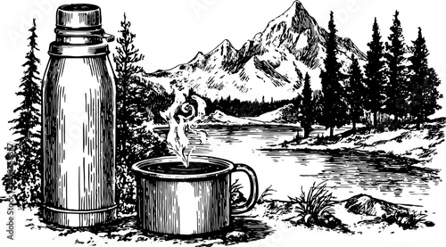 Vintage engraving of a thermos and cup by a river in a mountainous landscape. This detailed vector illustration captures nature's wilderness in a scenic set.