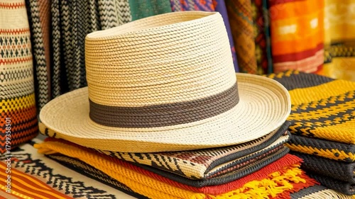 Stylish Hat Display: An inviting display showcases a fashionable hat atop a stack of vibrant textiles, hinting at a world of artisanal craftsmanship and sartorial elegance.