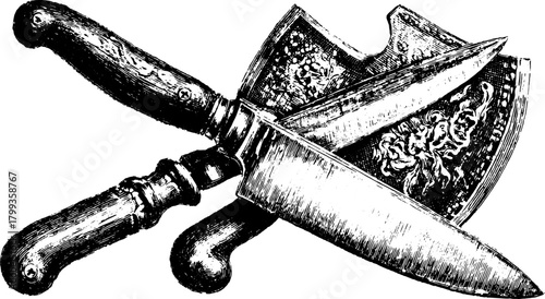 Knife and chopper engraving in detailed line art. Vintage kitchen tools in black outline, hand-drawn vector illustration.