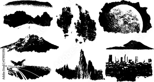 Mountain landscape silhouette in black and white. Textured vector illustration featuring the moon and road, creating a vintage visual effect.