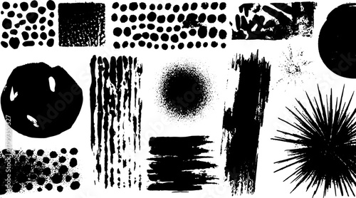 Collection of black spray paint textures and patterns. Various strokes, dots, and splatters presented as a vector set for design applications.