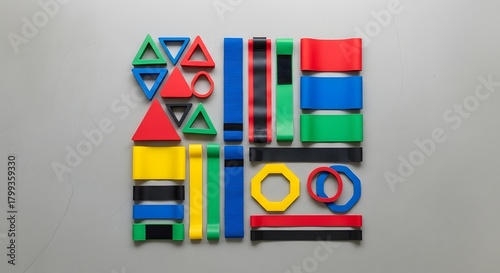 Colorful geometric shapes arranged in creative abstract pattern on gray background
