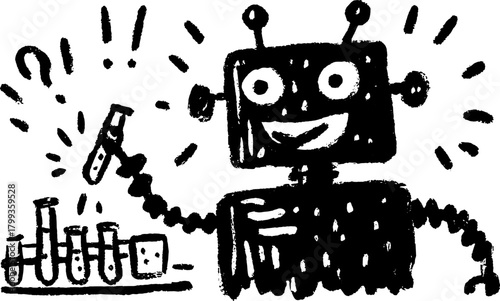Cartoon robot smiling in a lab, holding a test tube. Simple vector illustration of a scientific experiment set.