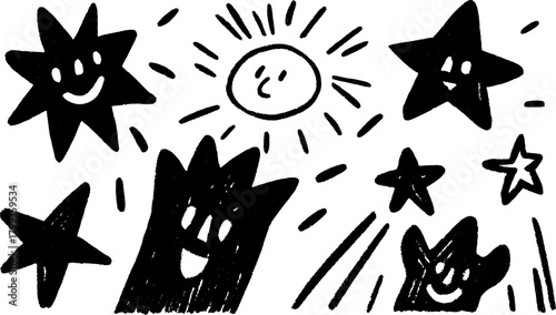 Happy stars and sun in a decorative burst. Simple black and white vector illustration featuring joyful elements and playful design.