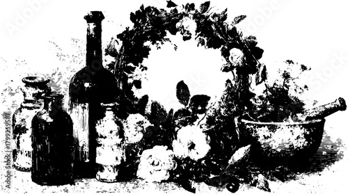 Vintage black and white illustration featuring bottles and a mortar surrounded by flowers. This classic apothecary set is presented as a vector.