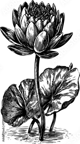Botanical illustration of a lily flower in black and white outline style. Detailed vector set highlighting classic design elements.