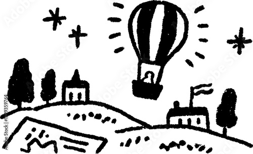 Hot air balloon in a hand-drawn style. Scenic black and white vector illustration of a rural landscape with hills, trees, and a village.