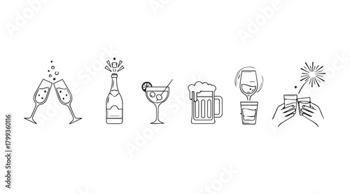 A line of various alcoholic beverage silhouettes for celebration silhouette