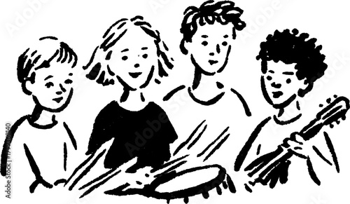 Children musicians playing instruments in a sketch style. Black and white vector illustration of a joyful music performance set.
