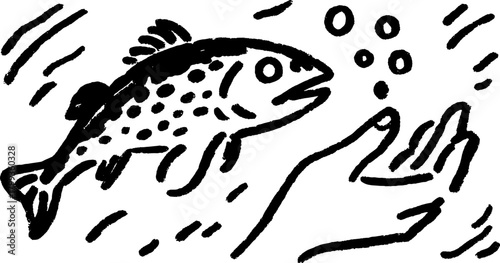 Fish jumping towards a hand in water. Simple black-and-white vector illustration captures the interaction between fish and humans in nature.