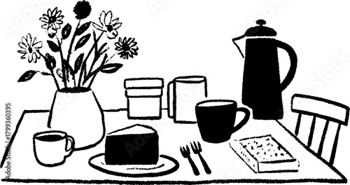Table set featuring cake, coffee, and flowers in a hand-drawn black and white style. Simple vector illustration showcasing breakfast elements.